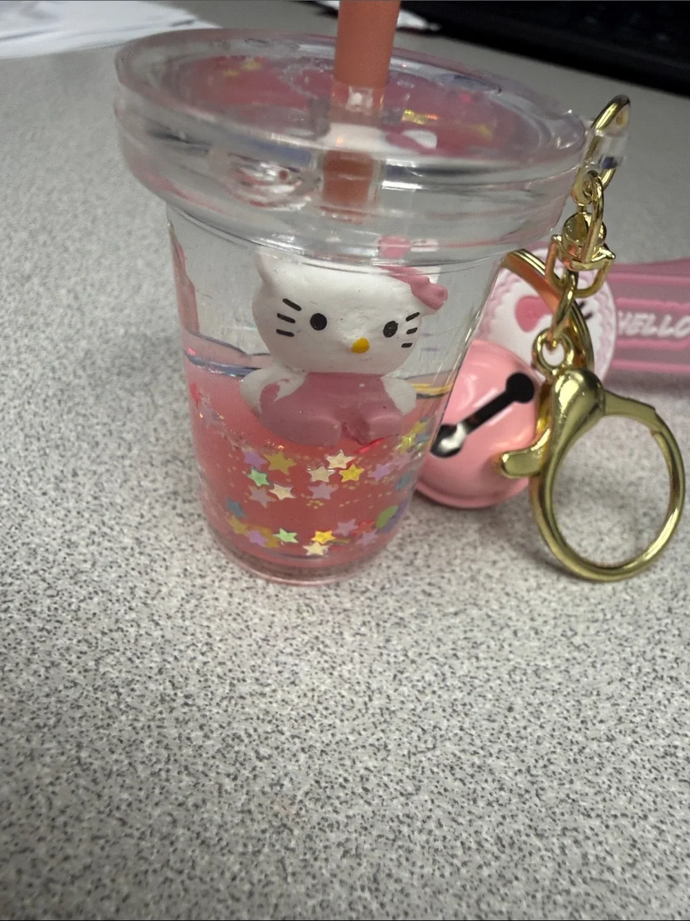 Hello Kitty Pink and Gold Charm Keychain with Cup and Tag